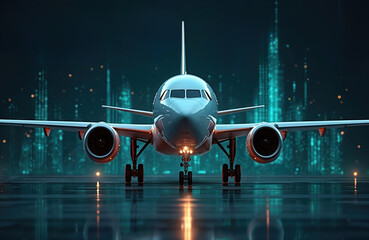Modern airplane waits on runway against abstract digital cityscape. Futuristic aircraft represents aviation industry progress, global travel and connectivity. Advanced tech enhances air transport.