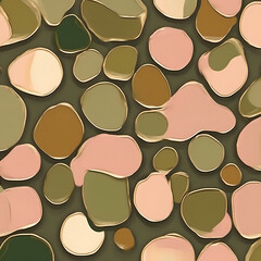 Abstract organic shapes with gold outlines on a dark green background