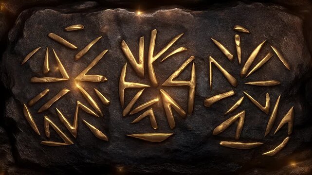 Mysterious ancient symbols with a radiant golden glow, intricately etched into dark, textured stone, evoking forgotten rituals and enigmatic power