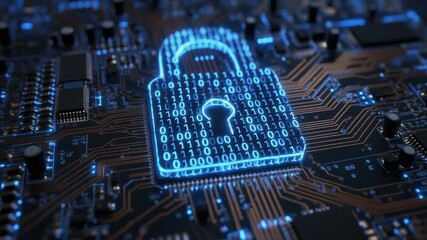 Digital padlock with binary code on a circuit board symbolizing online security and data protection - Powered by Adobe