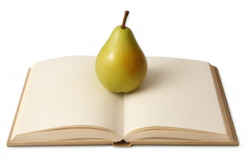 Green pear on open book with blank pages, representing concepts of knowledge, education, learning, and healthy lifestyle
