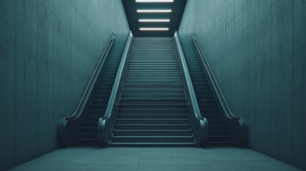 A modern stairway with escalators, illuminated by overhead lights, featuring a minimalist design in a cool-toned environment.