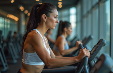 Fototapeta premium Fit women train on elliptical machines in modern gym. Focused ladies workout with cardio exercise by large windows overlooking city. Healthy lifestyle in upscale fitness club.