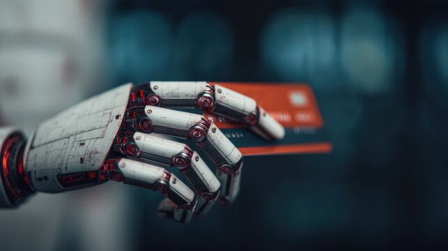 A robotic hand holds a credit card, symbolizing the intersection of technology and finance in a futuristic setting.