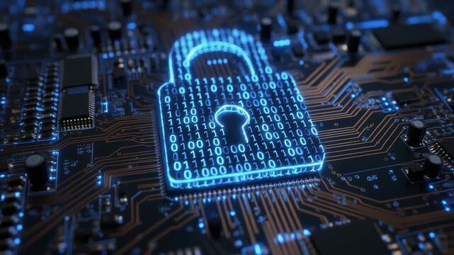 Digital padlock with binary code on a circuit board symbolizing online security and data protection