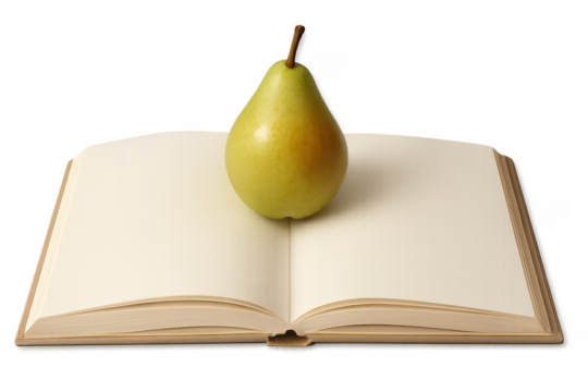 Green pear on open book with blank pages, representing concepts of knowledge, education, learning, and healthy lifestyle