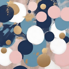 Abstract art with gold, navy, pink, and white circles on a neutral background