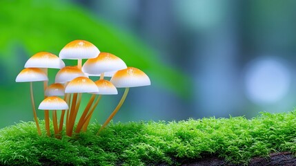 A cluster of small, delicate mushrooms with orange-tinged caps and white undersides sprout from a dense bed of bright green moss. The background is softly blurr