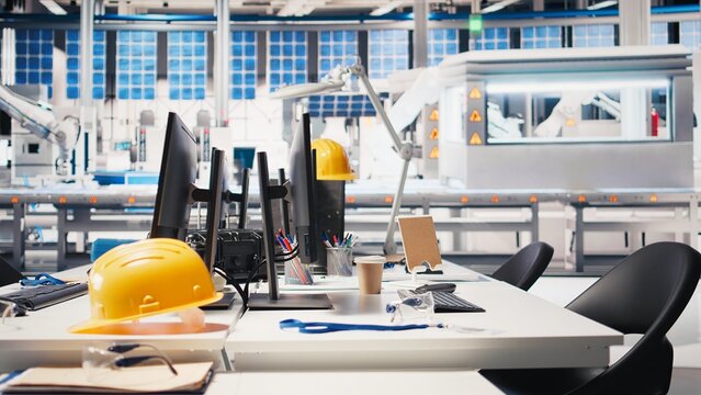 Monitor in photovoltaics factory office used in finetuning system settings. Computer screen on desk in empty solar panels manufacturing plant, assembly lines configuration work.