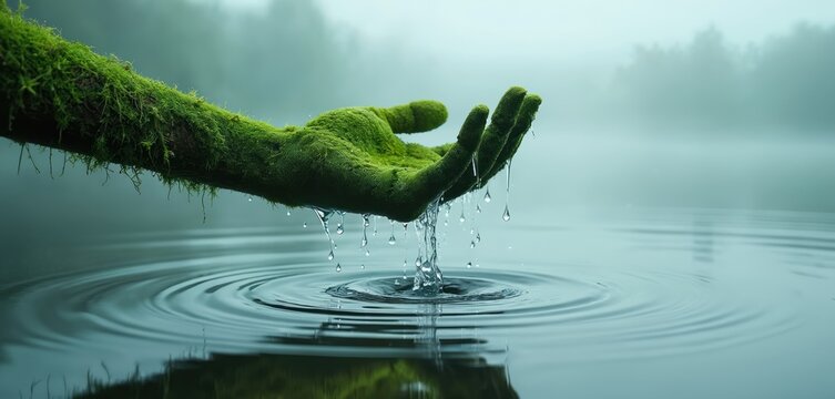 Mossy hand pours water drops onto calm lake surface. Nature care, conservation theme. Peaceful scene shows balance, purity. Gentle environmental protection symbol. Life giving moisture reflects green.