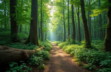 Fototapeta premium Sunlight streams through rich green forest canopy onto dirt path. Tall trees line woodland trail, with abundant foliage and fallen log. Nature scene invites peaceful exploration and outdoor activity.