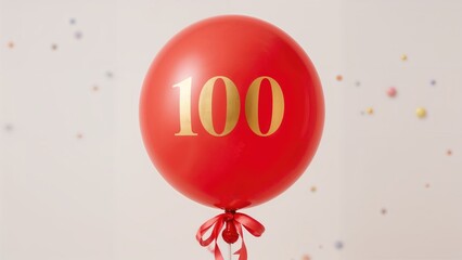 Red balloon with the number 100 and a ribbon, celebrating a milestone or anniversary. Colorful confetti in the background.