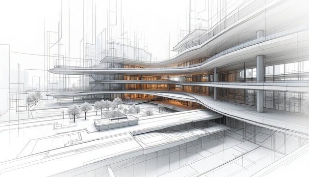 Detailed architectural plan complex building design with levels. Building engineering layout, structure project concept presented in modern style drawing. Perspective sketch shows urban landscape