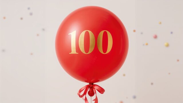Red balloon with the number 100 and a ribbon, celebrating a milestone or anniversary. Colorful confetti in the background.