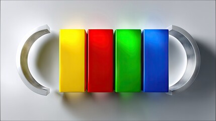 Four colorful rectangular blocks arranged in a row with metallic semi-circular elements on a white surface. The blocks are yellow, red, green, and blue.