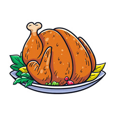 Pixel Art Roasted Turkey on White Plate Garnished with Parsley and Lemon Slices Simple Cartoon Style Ideal for Food Branding and Holiday Menus