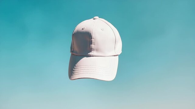 Minimalist white baseball cap against a serene sky background, suitable for design mockups and summer apparel concepts.
