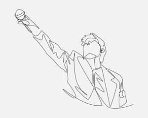 Continuous line drawing of a male musician with microphone. Editable vector illustration.