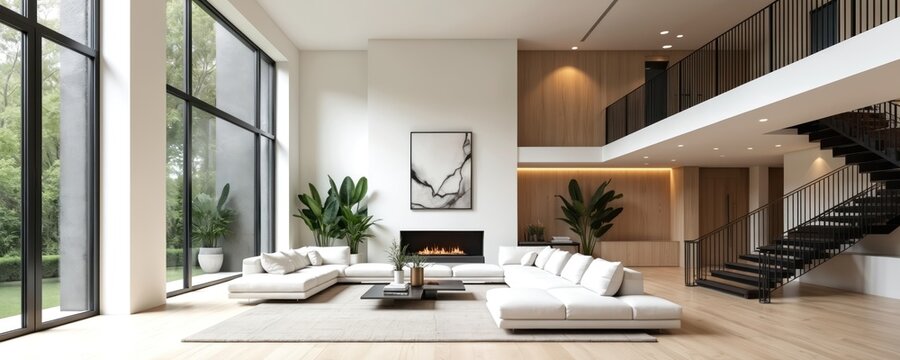 Luxurious modern living room interior. Spacious design includes large windows fireplace and staircase. Open concept space with natural light. White sofa. Home decor.