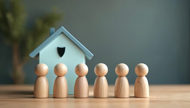 Wooden figures stand near a house model representing family. The photo symbolizes home protection insurance security and the concept of a safe family life.