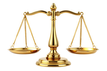 Shiny golden justice scales, with two balanced pans and chains, cutout, PNG, isolated on white or transparent background, AI