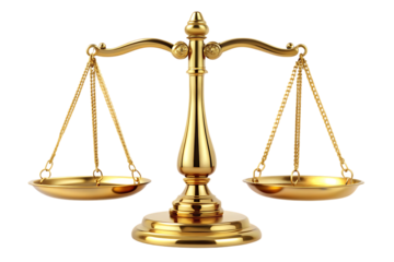 Shiny golden justice scales, with two balanced pans and chains, cutout, PNG, isolated on white or transparent background, AI