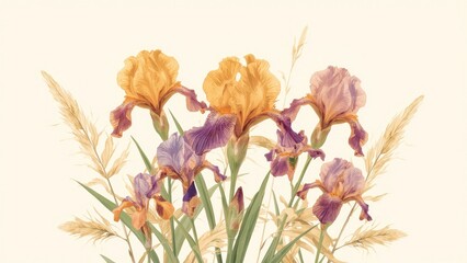 Obraz premium Light purple and orange irises with wheat stalks in a soft watercolor style.