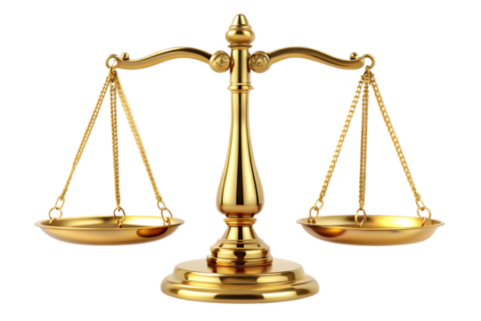 Shiny golden justice scales, with two balanced pans and chains, cutout, PNG, isolated on white or transparent background, AI