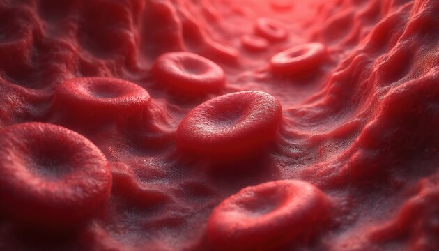 Red blood cells flow through narrow artery. Erythrocytes travel in bloodstream, carrying oxygen. Microscopic view of internal human body transport system. - Powered by Adobe