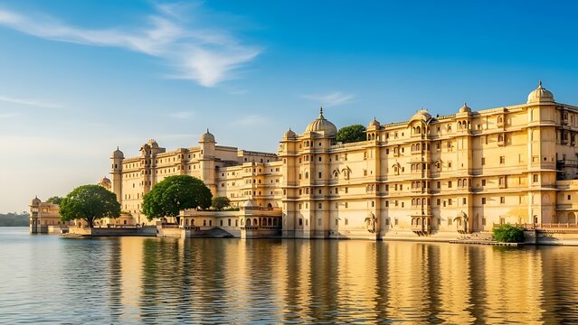 Stunning view of the city palace complex reflecting on the calm water of lake pichola in udaipur, india