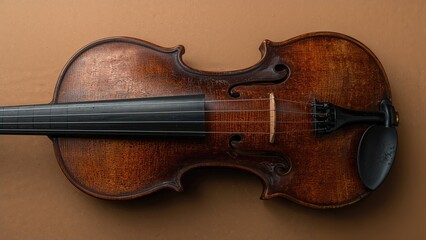 Fototapeta premium A violin with a bow on a brown background. Classical musical instrument, string instrument, and musical performance.