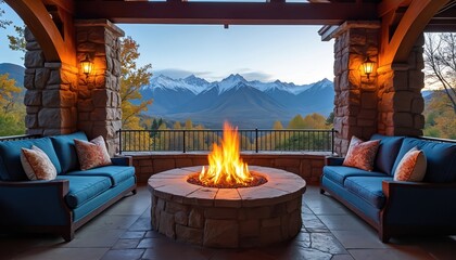 Obraz premium Cozy patio with sofas and fire pit overlooks snowy mountains in autumn. Stone pillars and warm lamplight create inviting ambiance. Enjoy a fall evening with stunning nature scenery.