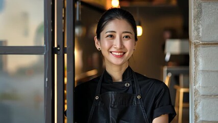 The Smiling Chef: A radiant chef, embodying warmth and professionalism, stands confidently at the doorway, her inviting smile sets the scene, creating anticipation of culinary delights.