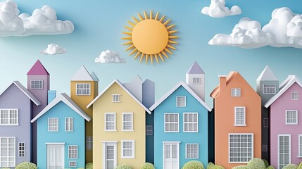 A row of colorful houses with a sun and clouds in a bright, sunny day setting.
