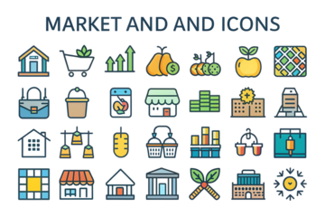 Collection of market and finance related icons, with colorful flat design elements, cutout, PNG, isolated on white or transparent background, AI