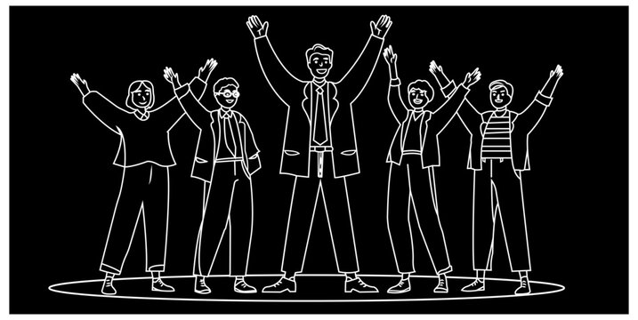 A diverse group of people standing together with arms raised in celebration and unity against a black background
