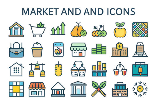 Collection of market and finance related icons, with colorful flat design elements, cutout, PNG, isolated on white or transparent background, AI
