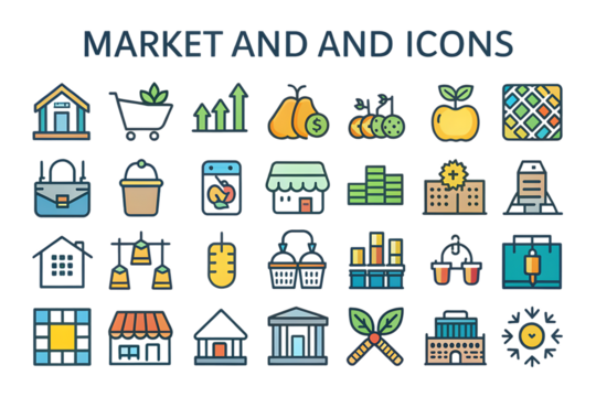Collection of market and finance related icons, with colorful flat design elements, cutout, PNG, isolated on white or transparent background, AI - Powered by Adobe