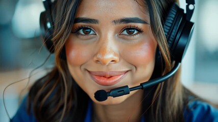 Support Specialist: A dedicated woman wearing a headset, her friendly demeanor and professional image. Capturing the essence of helpfulness and excellent support in the business world.