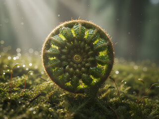 Description: A close-up of a fern fiddlehead unfurling in the early morning light. Dew drops on the plant add to the natural beauty of the image, highlighting the fresh, delicate details of the fern’s