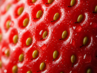 A macro shot of a fresh strawberry with water droplets on its surface, highlighting the juicy texture and vibrant red color of the fruit. The image captures the freshness and natural appeal.