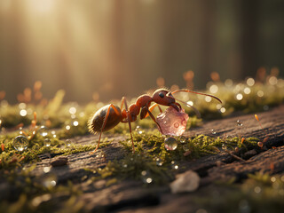 A close-up of an ant carrying food across the forest floor, illuminated by soft sunlight. The details of the ant and its surroundings create an intimate view of the small, hardworking creatures.
