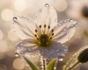 A delicate white flower with dew drops on its petals, bathed in the soft light of early morning. The image captures the freshness of the flower, highlighting nature's beauty in the quiet moments.