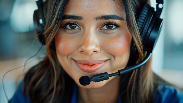 Support Specialist: A dedicated woman wearing a headset, her friendly demeanor and professional image. Capturing the essence of helpfulness and excellent support in the business world.