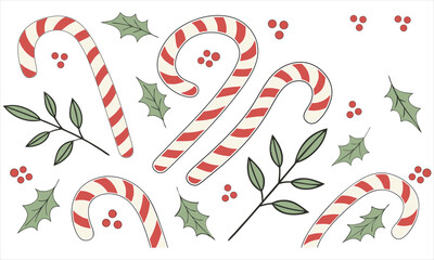 Seamless Christmas Vector Pattern with Candy Canes and Holly Berries
