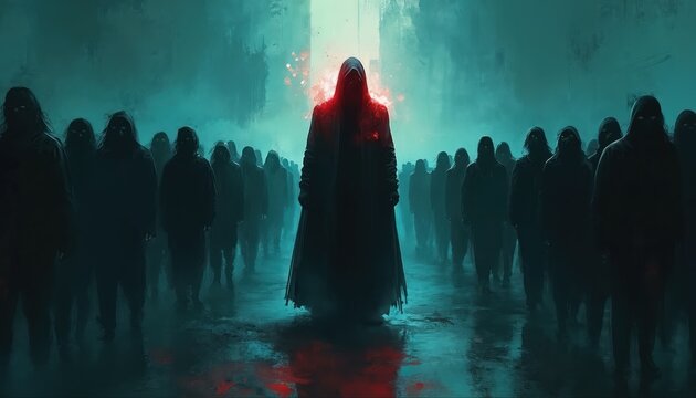 A hooded figure with glowing red eyes stands before a faceless crowd. The atmosphere is dark and mysterious, suggesting manipulation and control of masses.