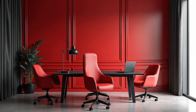Minimalist red office interior with designer chairs. Black table holds laptop and lamp. Modern workspace design with plants and window. Stylish, elegant office for work or meeting.