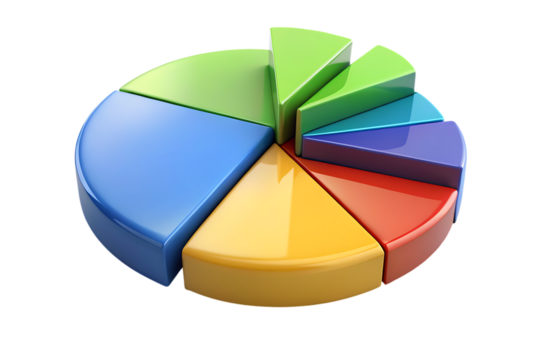 Colorful 3D Pie Chart, with multiple segments and glossy finish, cutout, PNG, isolated on white or transparent background, AI