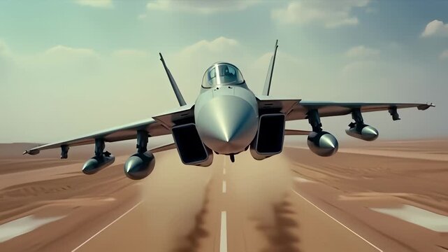 Fighter jet taking off from a desert runway, viewed head-on with dust billowing around it. Dramatic and powerful aviation footage