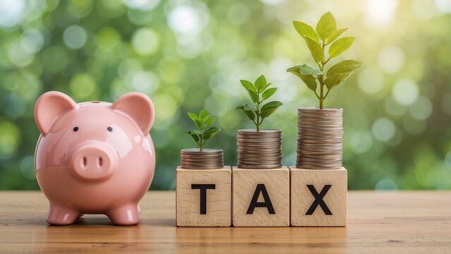 Piggy bank with coins and growing plants, representing financial growth and savings, with wooden blocks spelling "TAX."